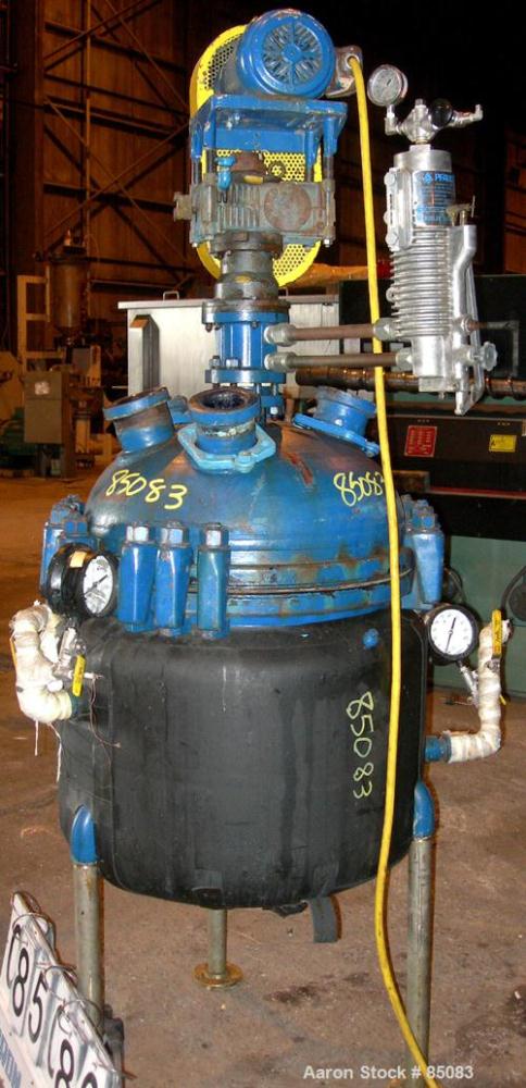 USED: Pfaudler 50 gallon glass lined reactor, 6115 glass. 24" diameter x 18" deep, bolt on dished top, dish bottom. Internal rated 400 at 650 deg F, carbon steel jacket rated 50 psi at 350 deg F. Pfa...