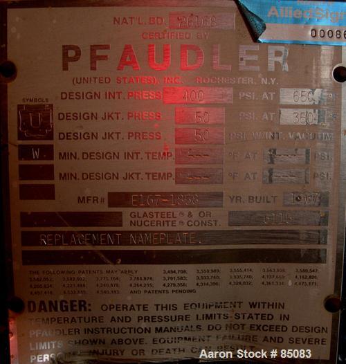 USED: Pfaudler 50 gallon glass lined reactor, 6115 glass. 24" diameter x 18" deep, bolt on dished top, dish bottom. Internal rated 400 at 650 deg F, carbon steel jacket rated 50 psi at 350 deg F. Pfa...