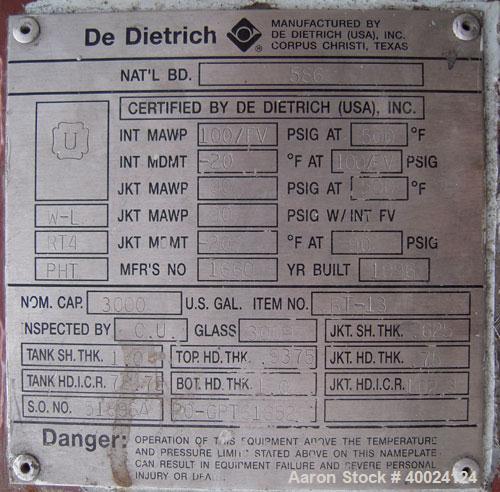 Used- Dedietrich SA Glass Lined Lethal Service Reactor, 3000 gallon, 3009 white glass with calibration lines. Approximately ...