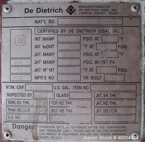 Used Dedietrich SA Glass Lined Lethal Service Reactor, 3000 gallon, 3009 white glass with calibration lines. Approximately 98" diameter x 76" straight side, dished top and bottom. Internal rated 100/...