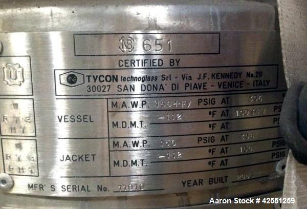  Unused- Tycon glass reactor body, rated 150 psi and full vacuum at +356/ -112 f internal, jacketed for 150 psi at +356/-112 f, serial# 11010, national board# 651, built 2005 and unused.
