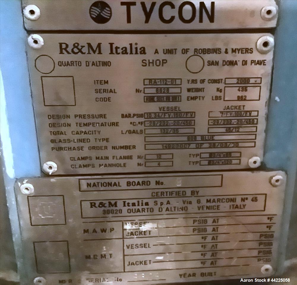 Used 30 Gallon Tycon Glass Lined Reactor