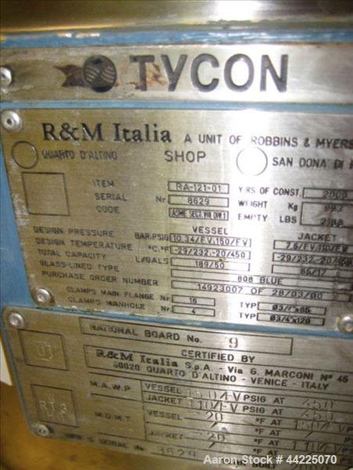 Used Tycon Glass Lined Reactor, 50 Gallon, Type 808 Glass. Internal rated 150 psi and full vacuum at 450 degrees F, jacket rated 110 psi and full vacuum at 450 degrees F. Full clamp top,  3 blade ret...