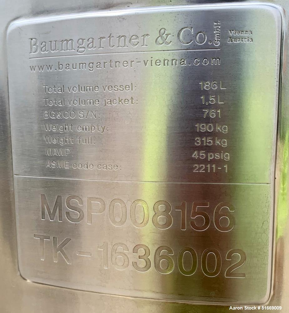 Used Baumgartner & Co 186 Liter (49 Gallon) Stainless Steel Reactor