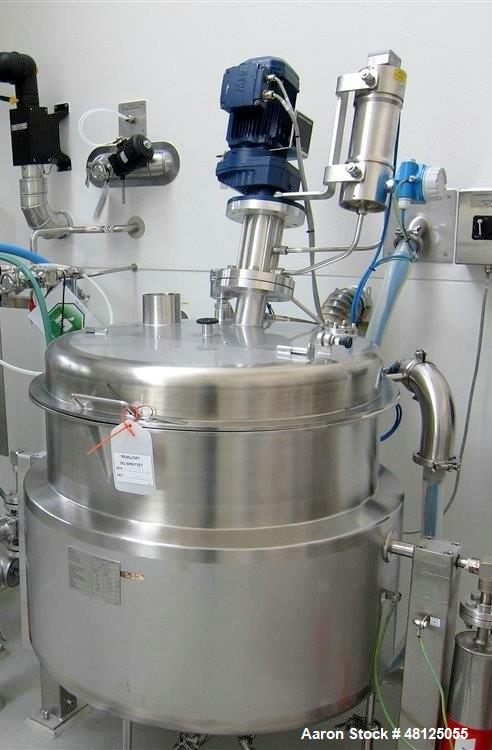 Used 300 liter HM Rustfri kettle, stainless steel construction, jacketed for 2.7 bar(39 psi at 150 c, top entering .75 kw Ekato agitator, model FGL-25D, on 2 legs, serial# FS-1210A, built 2011.