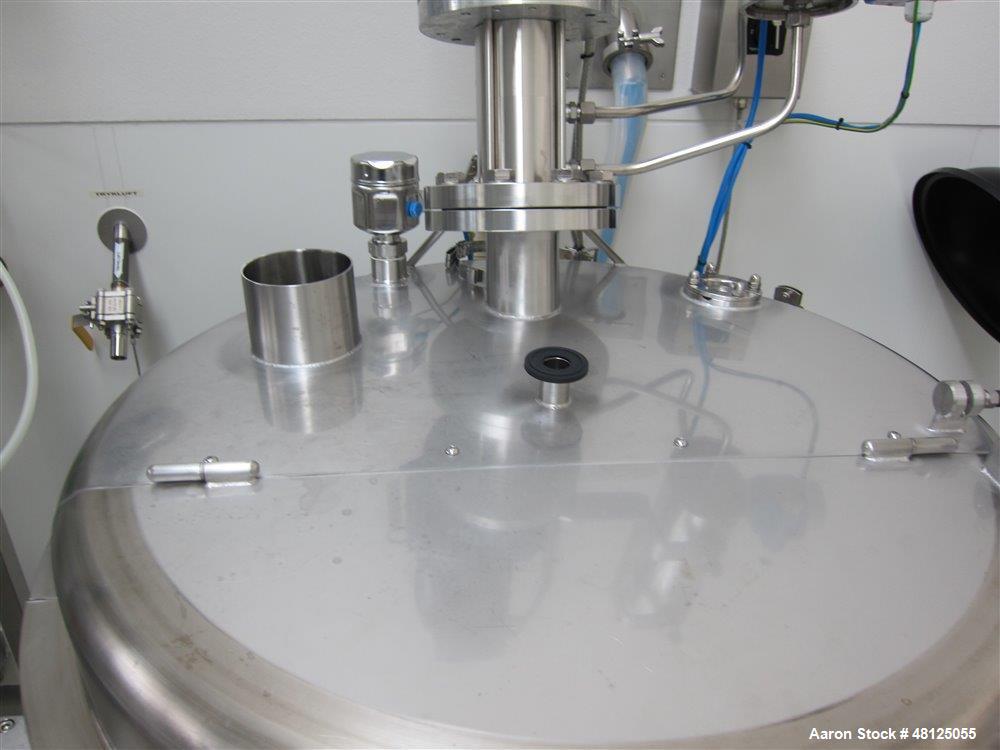 Used 300 liter HM Rustfri kettle, stainless steel construction, jacketed for 2.7 bar(39 psi at 150 c, top entering .75 kw Ekato agitator, model FGL-25D, on 2 legs, serial# FS-1210A, built 2011.