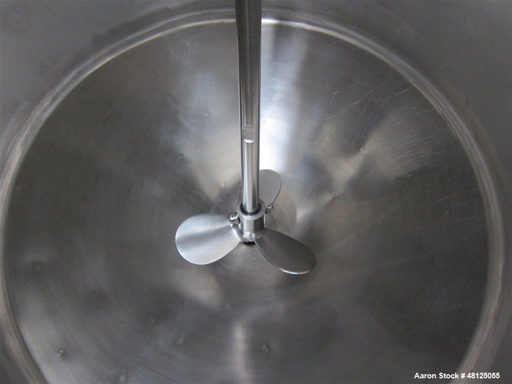 Used 300 liter HM Rustfri kettle, stainless steel construction, jacketed for 2.7 bar(39 psi at 150 c, top entering .75 kw Ekato agitator, model FGL-25D, on 2 legs, serial# FS-1210A, built 2011.