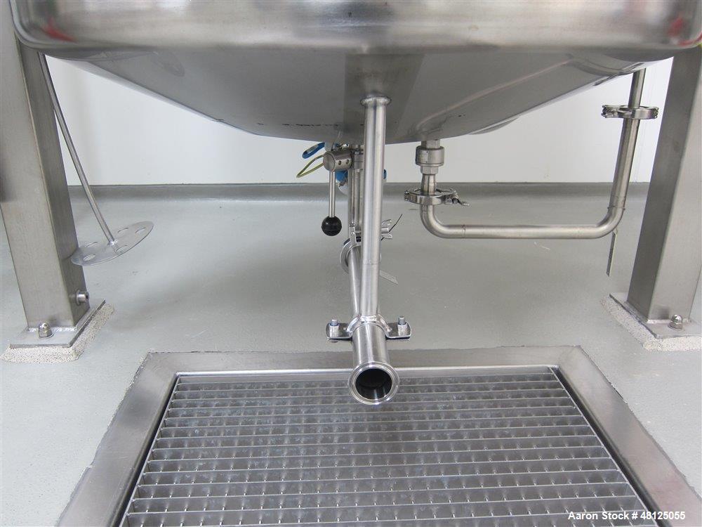 Used 300 liter HM Rustfri kettle, stainless steel construction, jacketed for 2.7 bar(39 psi at 150 c, top entering .75 kw Ekato agitator, model FGL-25D, on 2 legs, serial# FS-1210A, built 2011.