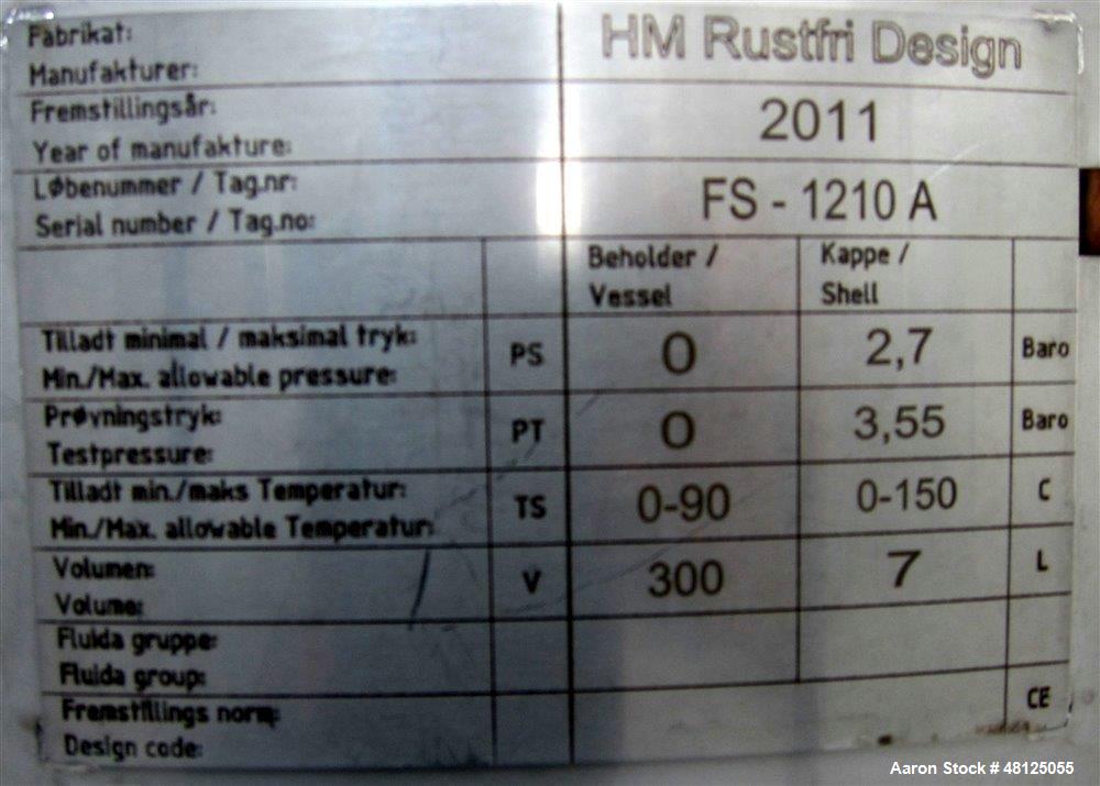 Used 300 liter HM Rustfri kettle, stainless steel construction, jacketed for 2.7 bar(39 psi at 150 c, top entering .75 kw Ekato agitator, model FGL-25D, on 2 legs, serial# FS-1210A, built 2011.