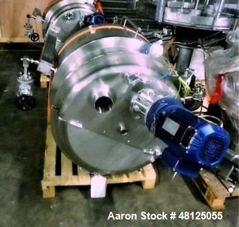 Used 300 liter HM Rustfri kettle, stainless steel construction, jacketed for 2.7 bar(39 psi at 150 c, top entering .75 kw Ekato agitator, model FGL-25D, on 2 legs, serial# FS-1210A, built 2011.
