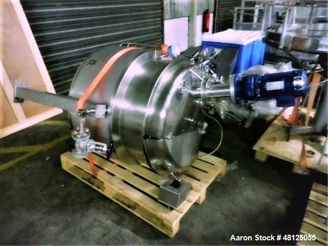 Used 300 liter HM Rustfri kettle, stainless steel construction, jacketed for 2.7 bar(39 psi at 150 c, top entering .75 kw Ekato agitator, model FGL-25D, on 2 legs, serial# FS-1210A, built 2011.