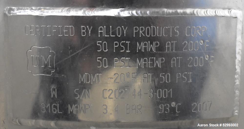 Used Alloy Products 30 Gallon Pressure Vessel / Mix Tank, Stainless Steel, Vertical. Approximate 18" diameter x 28" straight side. Hinge dished top, dished bottom. Internal rated 50 psi at -20 to 200...