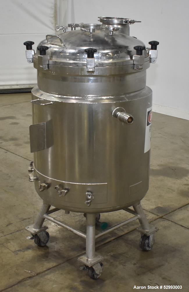 Used Alloy Products 60 Gallon Pressure Vessel / Mix Tank, Stainless Steel, Vertical. Approximate 24" diameter x 30" straight side. Hinge dished top, dished bottom. Internal rated 50 psi at -20 to 300...