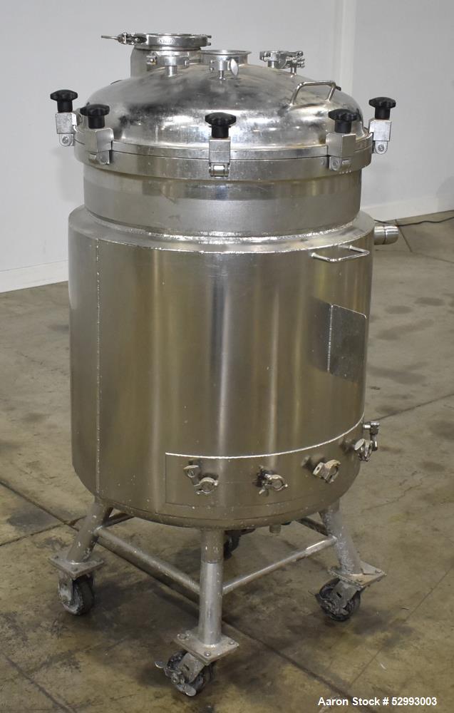 Used Alloy Products 60 Gallon Pressure Vessel / Mix Tank, Stainless Steel, Vertical. Approximate 24" diameter x 30" straight side. Hinge dished top, dished bottom. Internal rated 50 psi at -20 to 300...