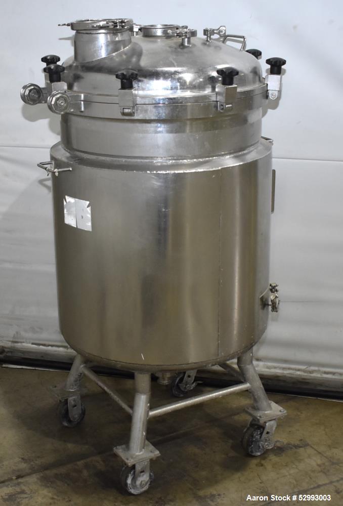 Used Alloy Products 60 Gallon Pressure Vessel / Mix Tank, Stainless Steel, Vertical. Approximate 24" diameter x 30" straight side. Hinge dished top, dished bottom. Internal rated 50 psi at -20 to 300...