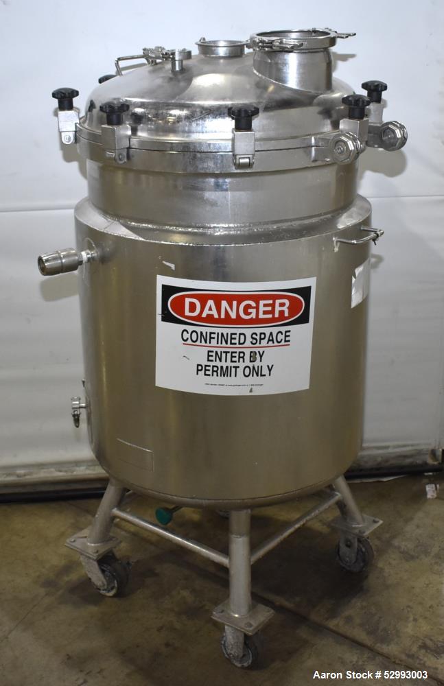 Used Alloy Products 60 Gallon Pressure Vessel / Mix Tank, Stainless Steel, Vertical. Approximate 24" diameter x 30" straight side. Hinge dished top, dished bottom. Internal rated 50 psi at -20 to 300...