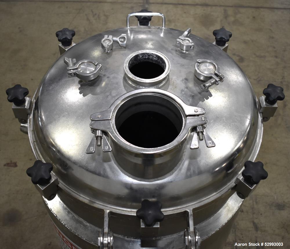 Used Alloy Products 60 Gallon Pressure Vessel / Mix Tank, Stainless Steel, Vertical. Approximate 24" diameter x 30" straight side. Hinge dished top, dished bottom. Internal rated 50 psi at -20 to 300...