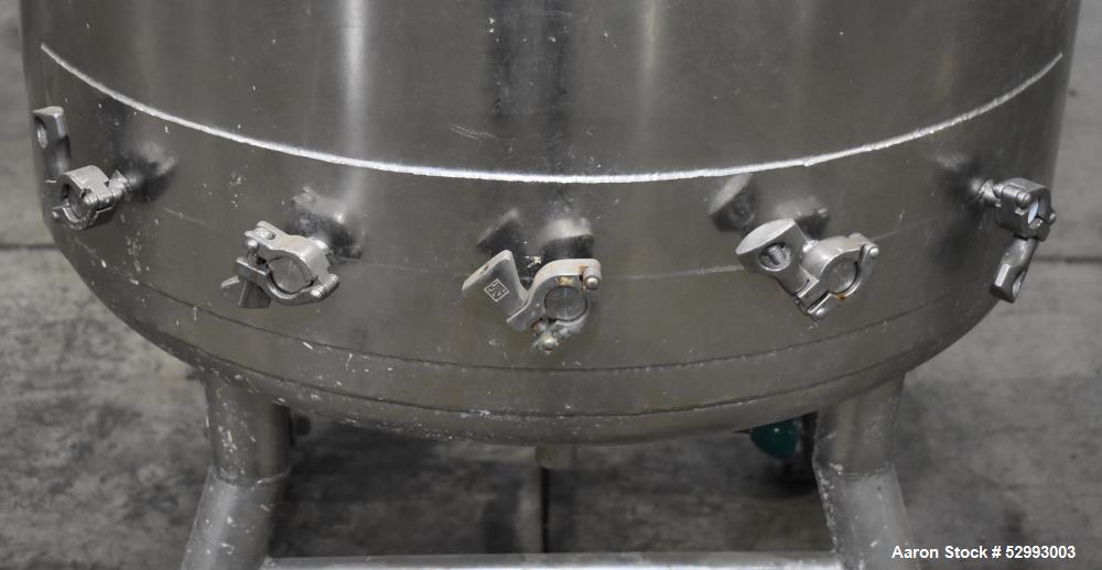 Used Alloy Products 60 Gallon Pressure Vessel / Mix Tank, Stainless Steel, Vertical. Approximate 24" diameter x 30" straight side. Hinge dished top, dished bottom. Internal rated 50 psi at -20 to 300...