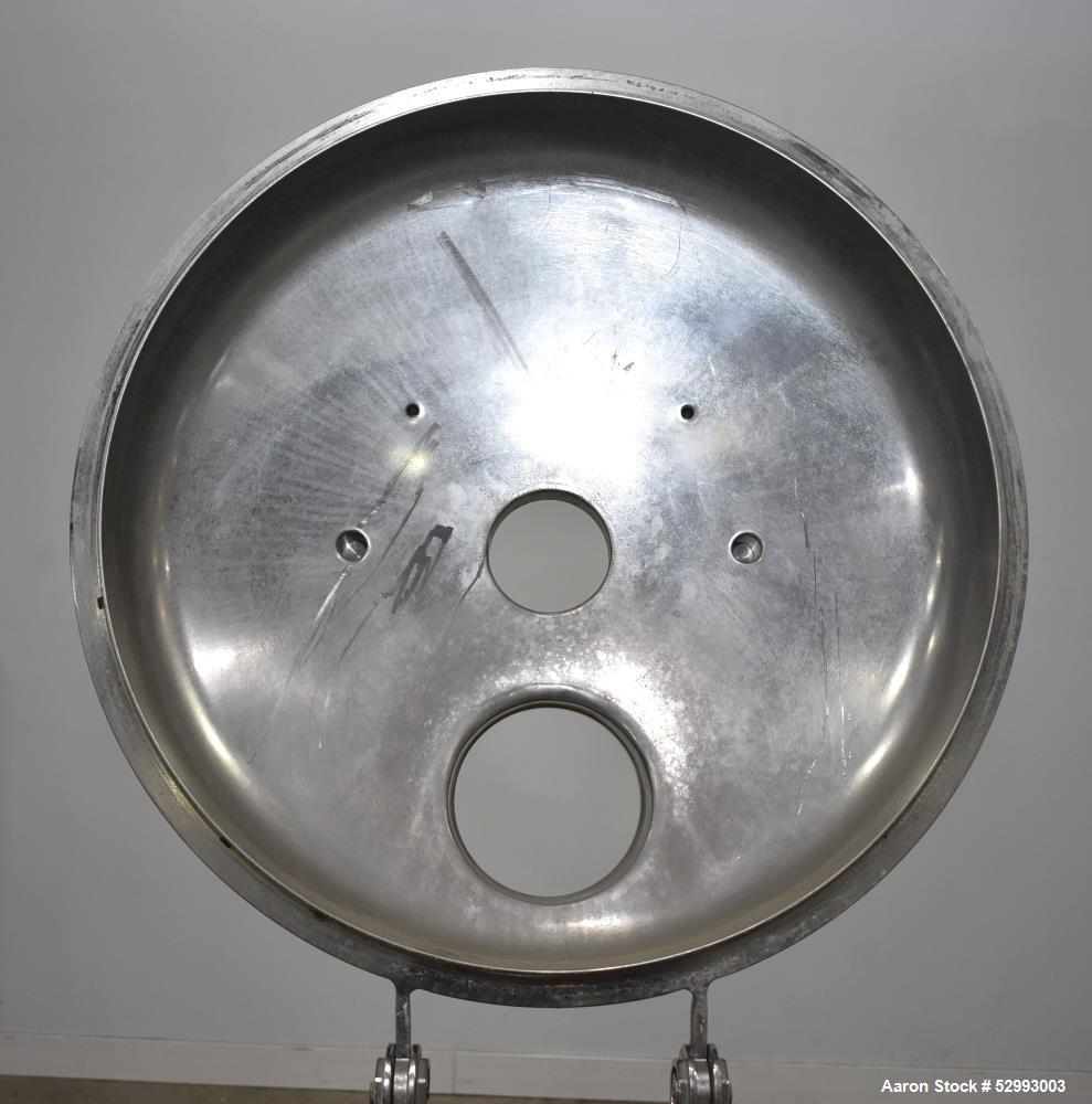 Used Alloy Products 60 Gallon Pressure Vessel / Mix Tank, Stainless Steel, Vertical. Approximate 24" diameter x 30" straight side. Hinge dished top, dished bottom. Internal rated 50 psi at -20 to 300...