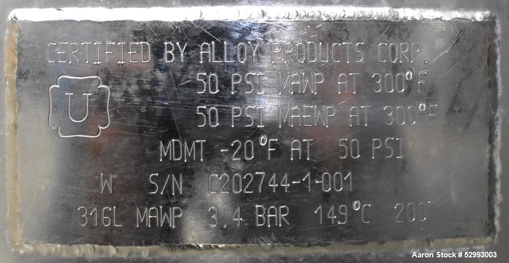 Used Alloy Products 60 Gallon Pressure Vessel / Mix Tank, Stainless Steel, Vertical. Approximate 24" diameter x 30" straight side. Hinge dished top, dished bottom. Internal rated 50 psi at -20 to 300...