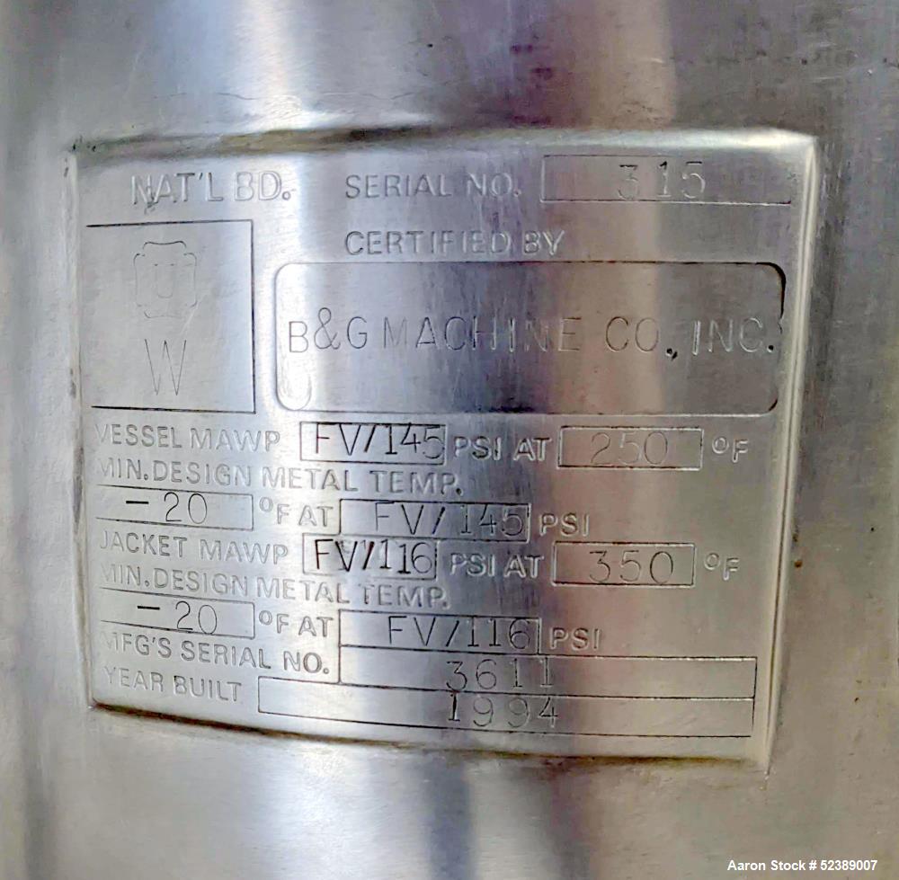 Used B and G Machine Reactor, Approximate 15 Gallon, 316L Stainless Steel, Vertical. Approximate 14" diameter x 19" straight side. Dished bolt-on top, dished bottom. Internal rated 145 psi/FV at -20 ...