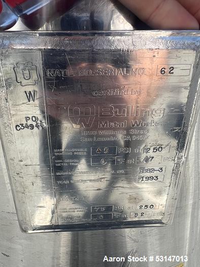 Used Bulling 100L 316L Stainless Steel Reactor – 45 PSI – Jacketed – Lightnin Agitator – Mobile – Biotech Use