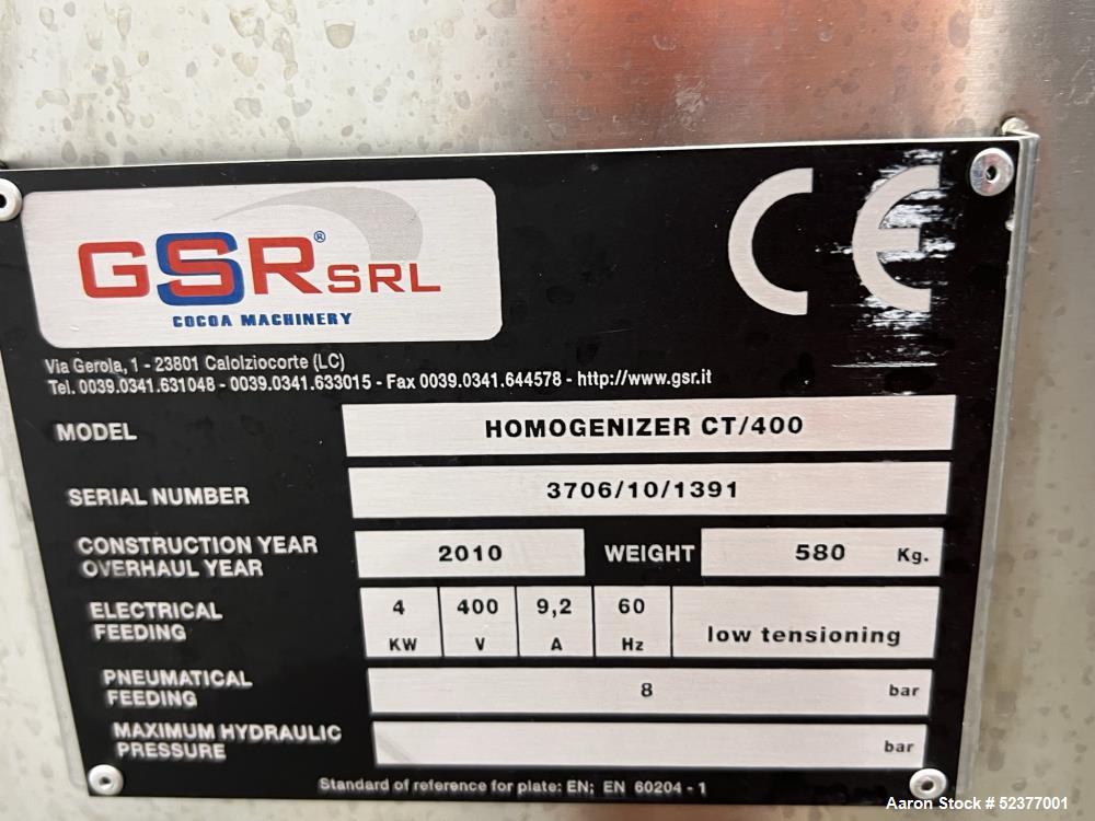 Used GSR SRL CT/400 Cocoa Machinery Homogenizer – 304 SS, 100-600kg Capacity