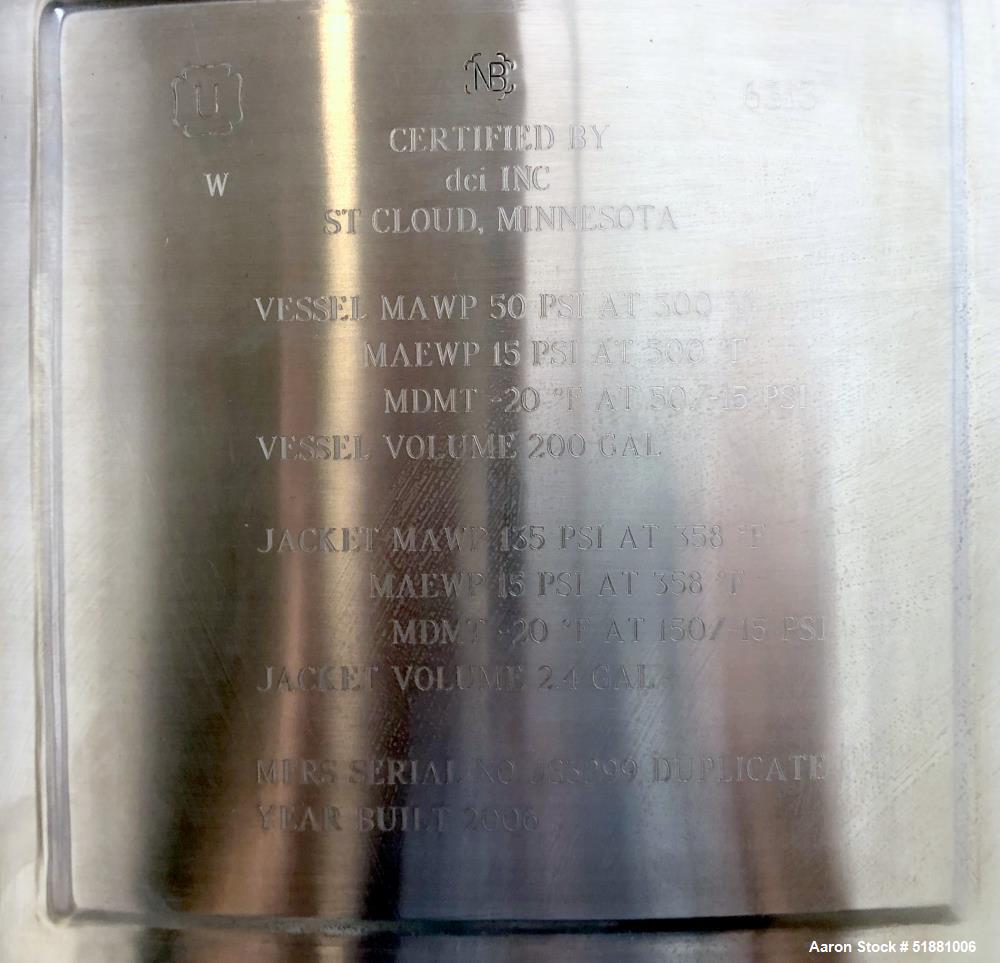 Used DCI Reactor, 200 Gallon, 316 Stainless Steel, Vertical. Approximate 36" diameter x 42" straight side. Dished top and bottom. Internal rated 50 psi / FV at -20 to 300 degrees F. 304 Stainless ste...