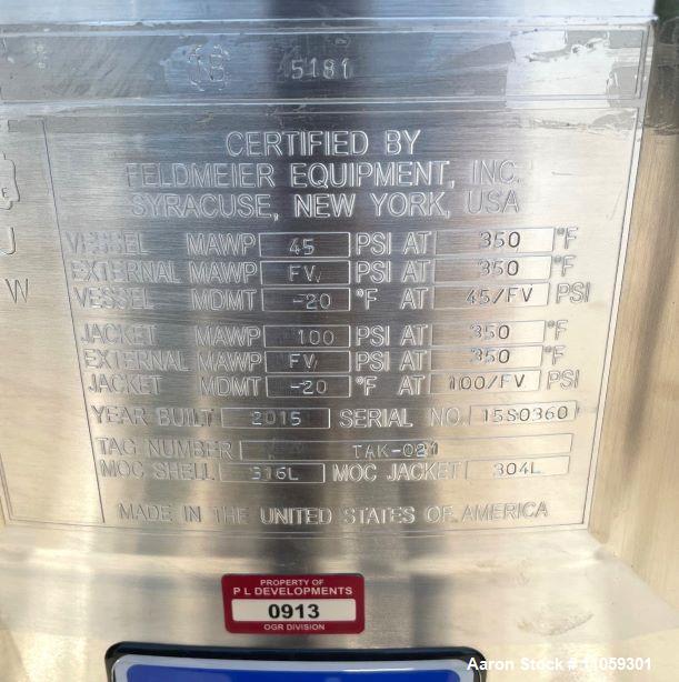 Used-Feldmeier 800 Liter (200 Gallon) Sanitary Reactor with 7.5 HP Silverson Hig