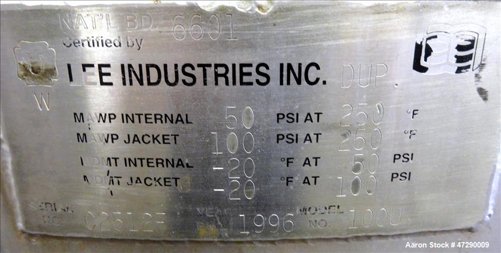 Used Lee Industries Reactor, Model 100U, 100 Gallon, 316 Stainless Steel