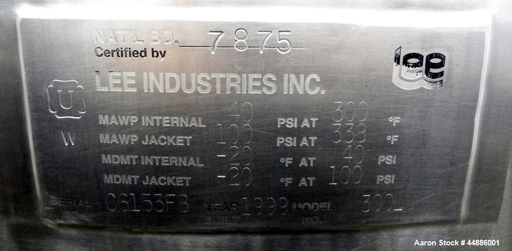 Used Lee Industries Reactor, 300 Liters (79.2 Gallons)