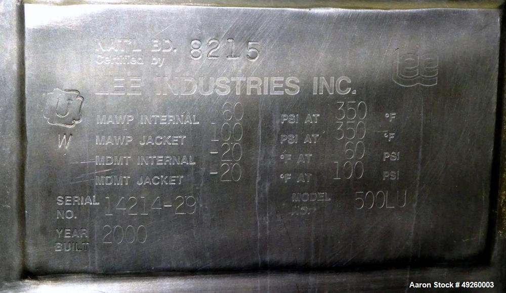 Used LEE Industries Reactor, 500 Liter (132.08 Gallon)