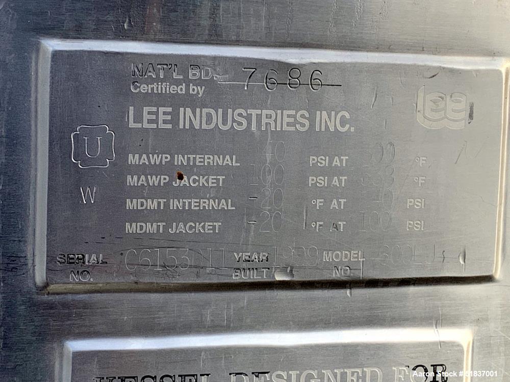 Lee Industries Reactor, 158 Gallon, Model 600 LU, 316L Stainless Steel, Vertical