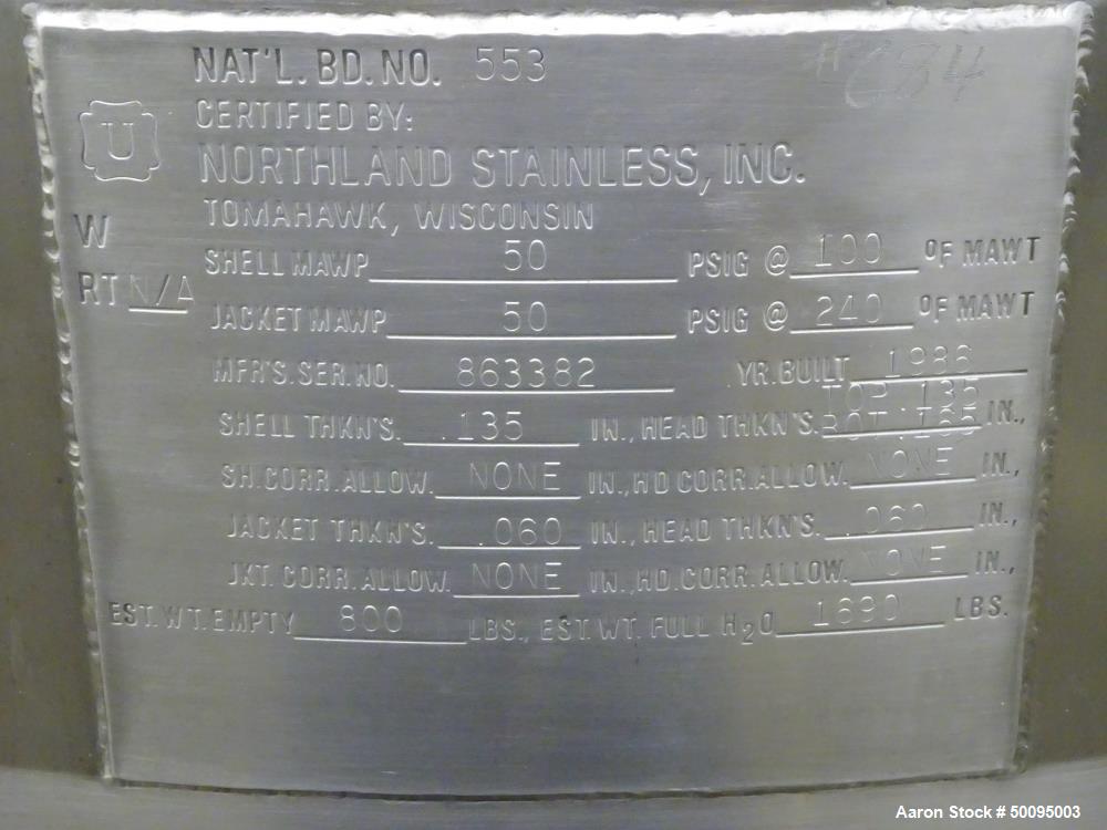 Used Northland Stainless Reactor, 400 Liter(105.67) Gallon, 316 Stainless Steel