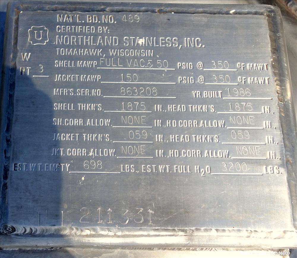 Used Northland Stainless Reactor, Approximate 275 Gallon, 316L Stainless Steel
