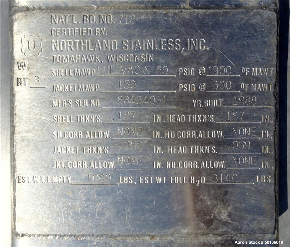 Used Northland Stainless Reactor, Approximate 200 Gallon, 316L Stainless Steel