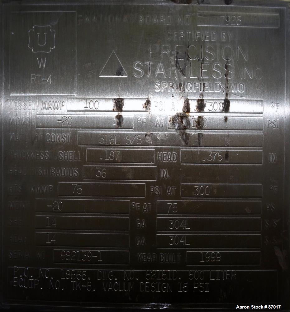 Used Precision Stainless Reactor, 500 Liter (132 Gallon)