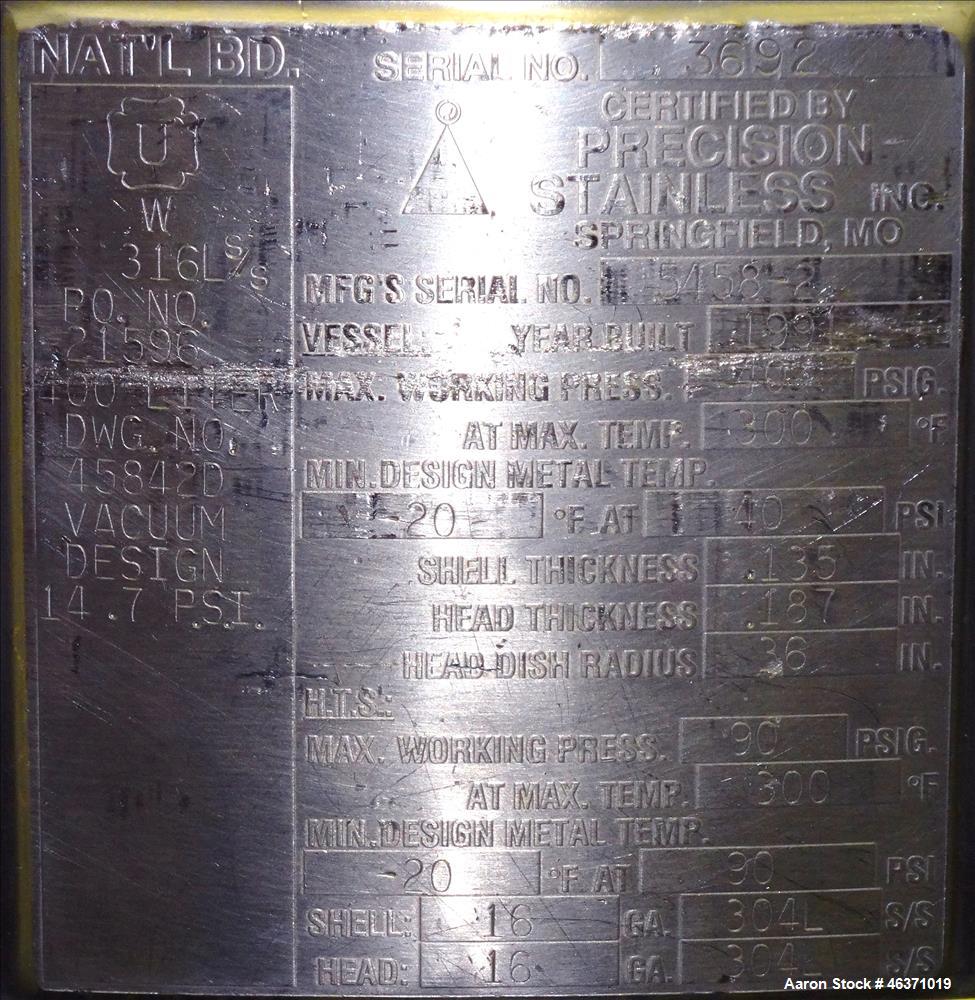 Used Precision Stainless Reactor, 400 Liter (105 Gallon)