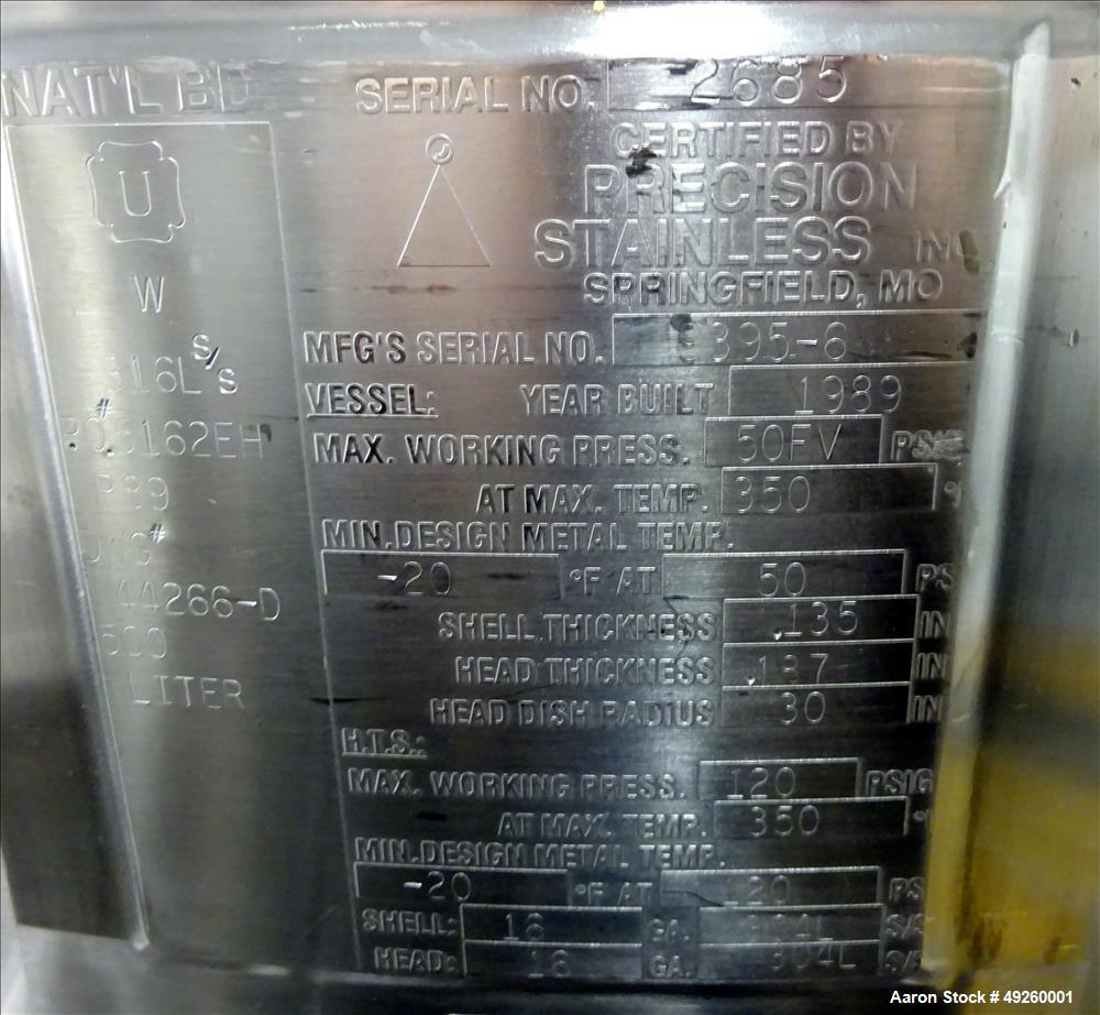 Used- Precision Stainless Reactor, 500 Liter (132.08 Gallon)