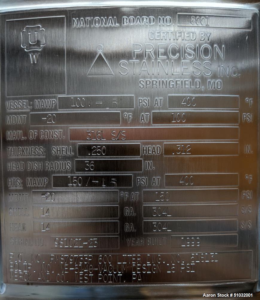 Used Precision Stainless Reactor. 600 Liter (158.5 Gallon)