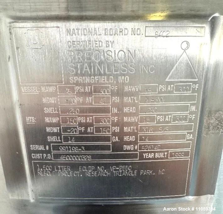 Used Precision Stainless 1,500 Liter (400 Gallon) AL-6XN Sanitary Reactor / Fermenter – 45 PSI / FV with Bottom Agitation