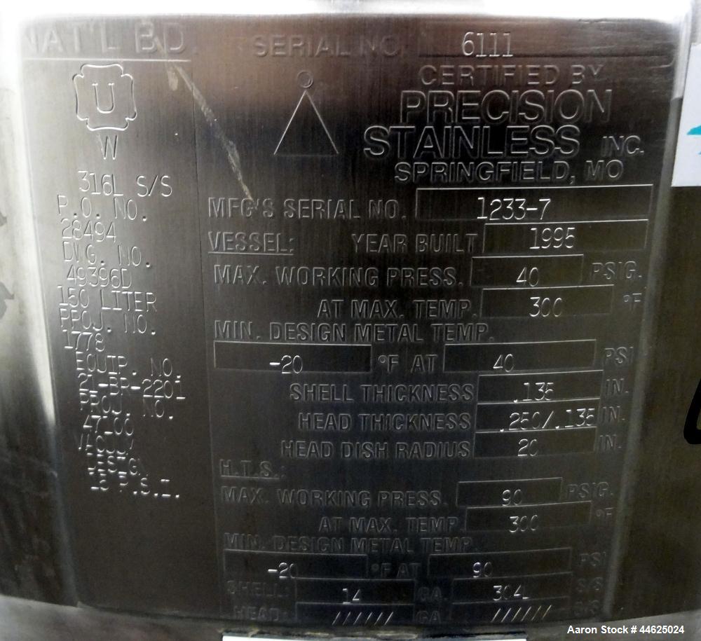 Used Precision Stainless Reactor, 150 Liter (39 Gallon)
