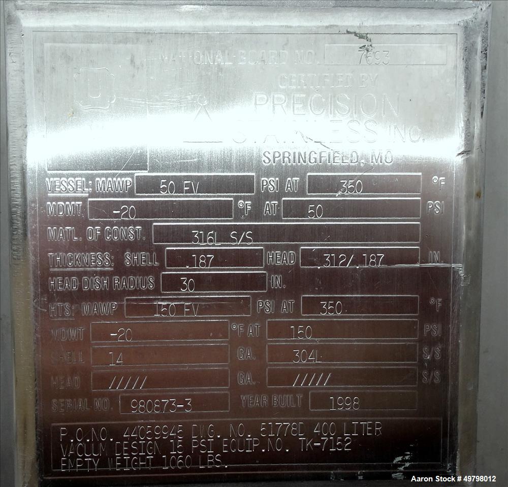 Used Precision Stainless Reactor, 400 Liter (105 Gallon), 316L Stainless Steel
