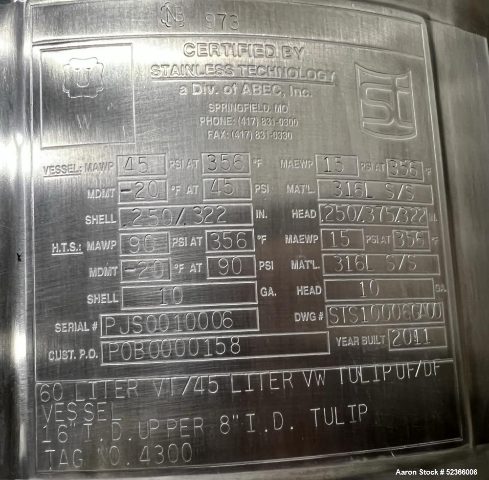 Used 60 Liter capacity Precision Stainless Reactor, 316L Stainless Steel