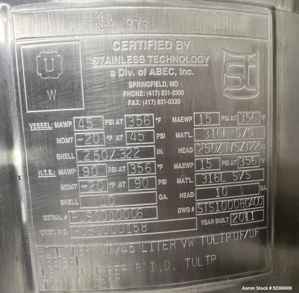 Used 60 Liter capacity Precision Stainless Reactor, 316L Stainless Steel