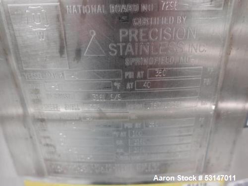 Precision Stainless Inc. Reactor, 250-Liter (65 Gallon), 316L Stainless Steel.