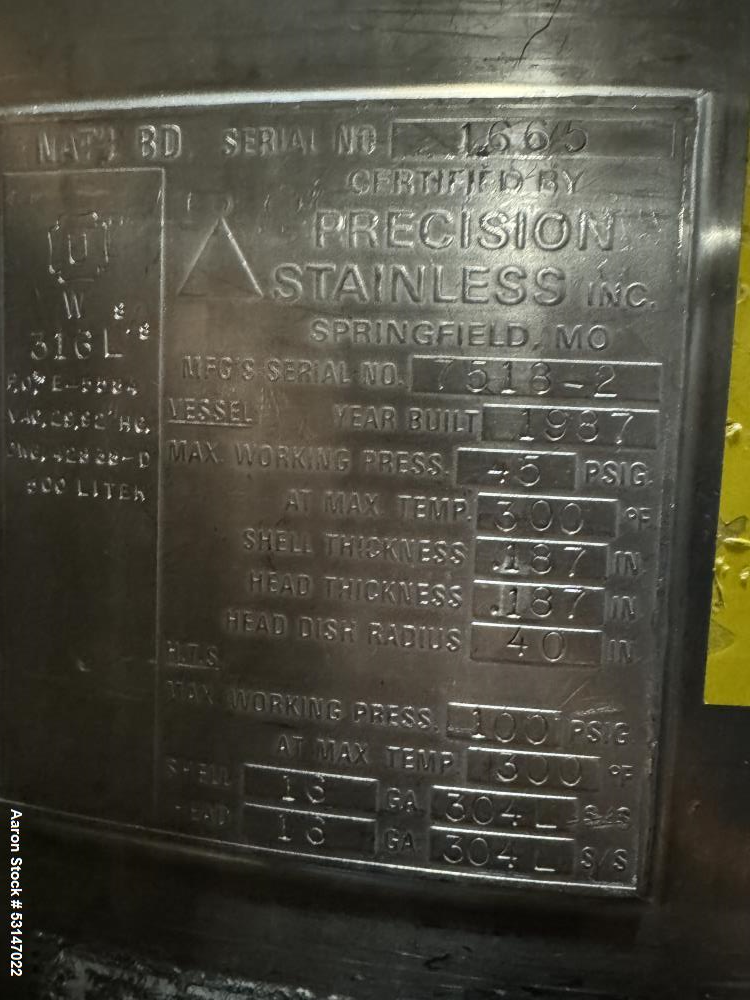 Precision Stainless 500 Liter (132 Gallon) Stainless Steel Reactor Vessel.