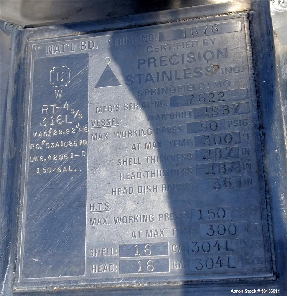 Used Precision Stainless Reactor, Approximate 150 Gallon, 316L Stainless Steel
