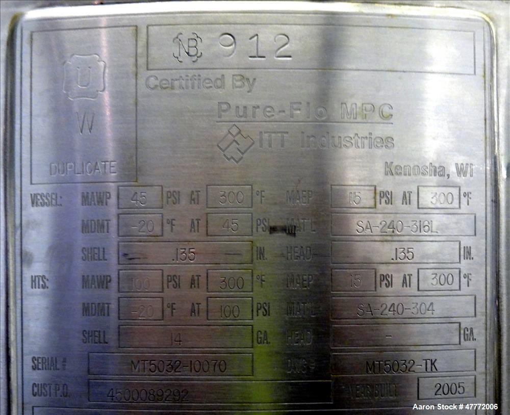 Used Pure-flo/ ITT Industries Reactor, 150 Liter(39.62 Gallon), 316L Stainless