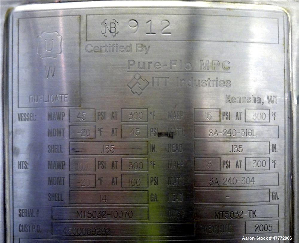 Used- Pure-flo/ ITT Industries Reactor, 150 Liter(39.62 Gallon), 316L Stainless